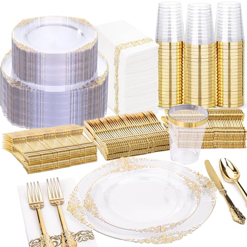 Nervure 350Pcs Clear Gold Plastic Plates, Dinnerware Sets for 50 Guests - color: Clear and Gold
