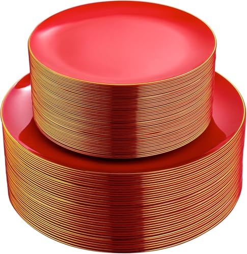PULOTE 100PCS Red Plastic Plates Disposable Heavy Duty - Include 50 Dinner / 50 Dessert Plates for Party & Christmas - color: Red