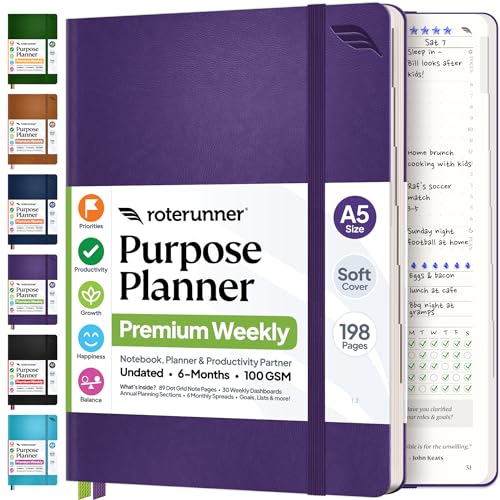 Roterunner Purpose Planner Notebook A5 5.8”x8.3” Undated 2026 Daily Weekly and Monthly Productivity Goal Setting Tool for Work Home ADHD Planner for Adults Self Care Journal (Purple Softcover) - color: Purple, size: A5 Softcover