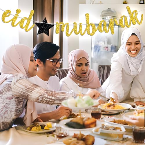 Gold Glitter Eid Mubarak Banner, 2026 Hajj Decoration, Muslim Islam Celebration Eid Party Decorations Supplies