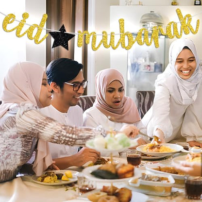 Gold Glitter Eid Mubarak Banner, 2026 Hajj Decoration, Muslim Islam Celebration Eid Party Decorations Supplies