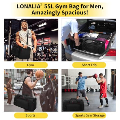 55L Sports Gym Duffle Bag for Men, 22 inch, Black | Large Capacity, Workout, Travel, Weekender, Fitness, Heavy Duty, Multi Pockets, Spacious - color: Black