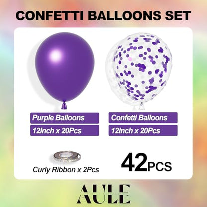 AULE Party Balloons Pack of 42 - Metallic Balloons & Confetti Balloons and 64ft Ribbons - 12 Inch Purple Balloons Decorations Set - color: Purple