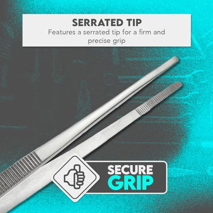 SE 12-Inch Stainless Steel Tweezers - Durable Knurled Handle Serrated Tip Design for Household and Professional Use - 513TW - size: 12 inch length