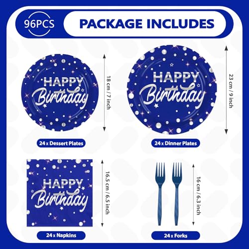 96Pcs Blue and Silver Birthday Party Decorations Silver Polka Dots on Blue Paper Plates and Napkins Disposable Tableware for Men Birthday Party Father's Day Graduation Decorations 2026 Serves 24 - style: Blue Sliver Wave Point Birthday Sets