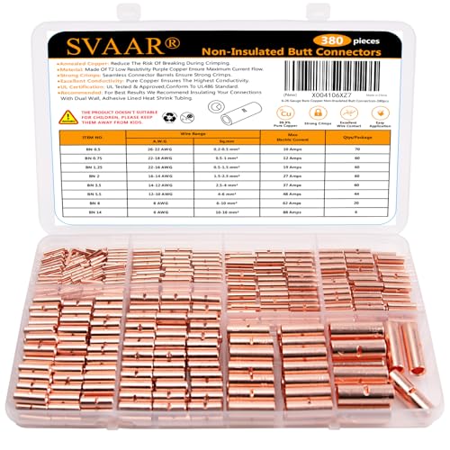 SVAAR 380PCS Non-Insulated Butt Connectors kit 26-6 AWG Crimp Butt Splice Connector, Heavy Duty Pure Copper Seamless Barrel Butt Splice Terminals, Uninsulated Splice Connectors for 26 to 6 Gauge Wire - color: Non-Insulated Splice - Bare Copper