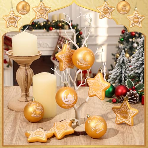 18 Pcs Eid Mubarak Decorations Ramadan Hanging Decorations Gold Moon Ornaments Plastic Eid Mubarak Hanging Balls Star Ramadan Islamic Decor for Home Window Islamic Muslim Tree Party Decor