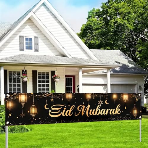 Eid Mubarak Outdoor Yard Banner 79x18 Inch Black Gold Islamic Lantern Crescent Moon Hanging Lights Backdrop for Muslim Ramadan Eid al-Fitr Lawn Fence Party Decorations