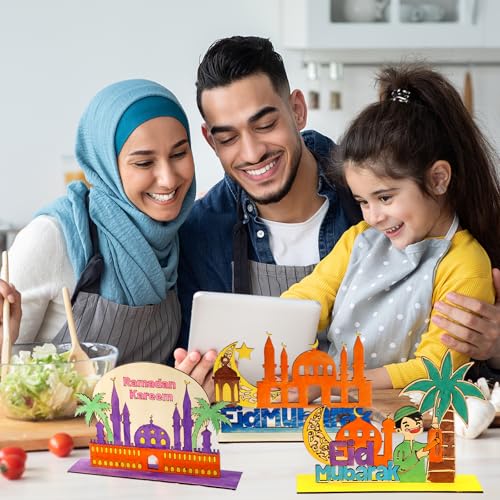 MUOUAKATE 6 Pcs Wooden Ramadan and Eid Crafts Kit, Paint Your Own Ramadan Activities for Boys Girls Ages 3-10 11 12, Ramadan Gifts for Ramadan Eid Party Supplies Class Home Table Decoration