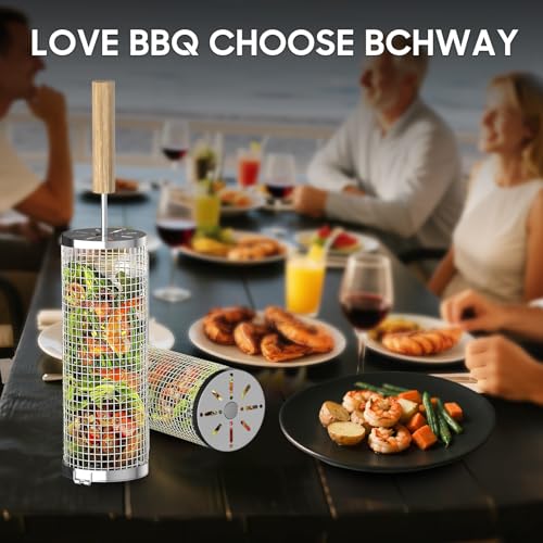 Rolling Grill Basket, Removable Wooden Handle, 304 Stainless Steel, Nesting Grilling Net, BBQ Accessories Tool for Vegetable Shrimp, Outdoor Cooking Camping, Christmas Birthday Gifts for Men Dad Husband