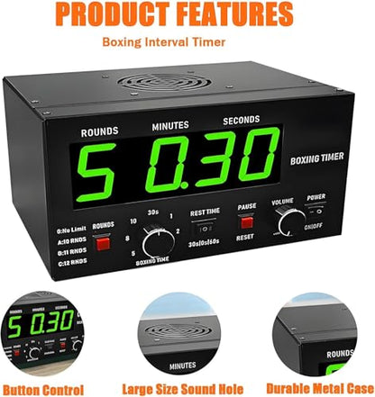 Classic Boxing Interval Timer, Professional Gymnastics Timer with LED Display, 1-12 Challenge Rounds and Adjustable Buzzer, 30S-10min Workout and 0/30/60S Rest Time, Red