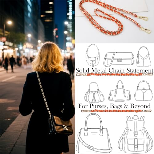 2 Pcs Purse Chain Strap, 47" Gold Chain with Leather, Crossbody Bag Replacement Straps,Handbag Chain for Shoulder Bags - color: Orange