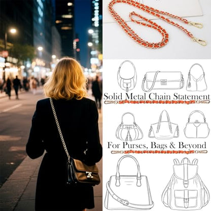 2 Pcs Purse Chain Strap, 47" Gold Chain with Leather, Crossbody Bag Replacement Straps,Handbag Chain for Shoulder Bags - color: Orange