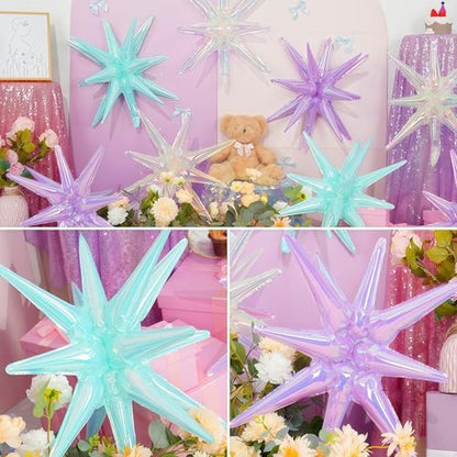 6 Pcs Iridescent Explosion Star Foil Balloons Birthday Mermaid Decor - color: Iridescent Blue Purple