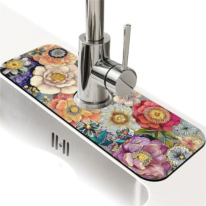 Kitchen Sink Splash Guard Flowers In 1 Faucet Mat Sink Gadgets Super Absorbent Fast Drying Mat Drip Catcher For Kitchen Bathroom Sink Mat Dish Drying Mat Bathroom 15" X 5.5" - color: Flowers in various colors-1
