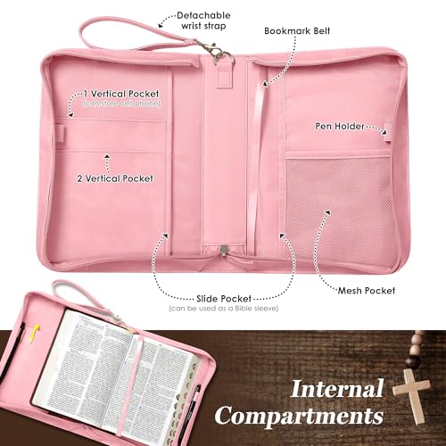 Leather Bible Cover for Women, Zippered Floral Bible Case with Handle, Pink | Bible Study, Church, Journaling & Travel - color: Pink