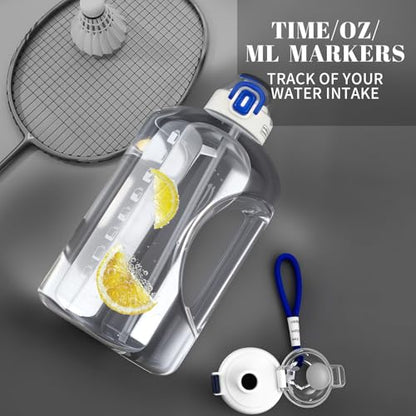 64 OZ Water Bottle with Straw, Half Gallon Water Bottle Times to Drink, Reusable Leak Proof Water Jug Handle with Strap, 2 Lids BPA Free for Fitness Gym Camping (Clear, 64 Ounces) - size: 64 Ounces