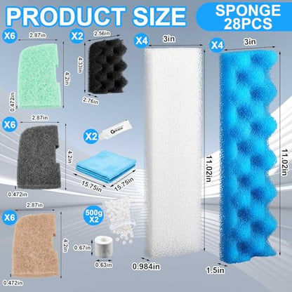 Threlaco 32 Pcs Filter Media Compatible with 406/407 Filters, Aquarium Replacement Maintenance Kit Including Biological Sponge, Ammonia/Phosphate/Nitrite Remover Pad, Aquarium Towel, Grease - style: 406/407