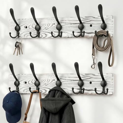 Wooden Coat Rack Wall Mount Heavy Duty, 2 Pack Coat Hanger Wall Mount with 5 Triple Hooks for Clothes, Jacket, Hat, Keys, Space Saving Entryway Organizer for Mudroom (Whte Plate & Black Hooks) - color: Whte Plate & Black Hooks