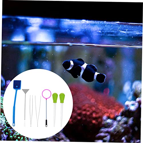 Aquarium Aquascaping Tool Kit 7 Pieces Net Brush Tweezers Scissors Plant Tool Safe for Fish Tank Cleaning Random Color
