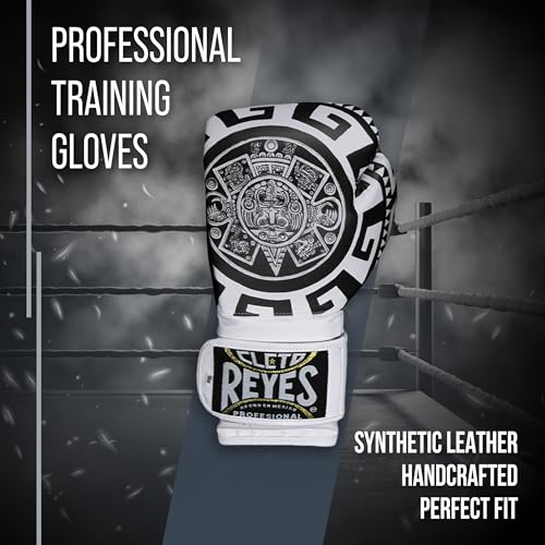 CLETO REYES Training Boxing Gloves for Men and Women with Hook and Loop Closure, Premium Synthetic Leather, MMA, Kickboxing, Muay Thai - color: Aztec Calendar White