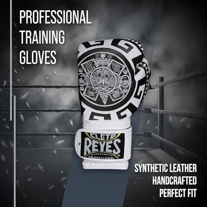 CLETO REYES Training Boxing Gloves for Men and Women with Hook and Loop Closure, Premium Synthetic Leather, MMA, Kickboxing, Muay Thai - color: Aztec Calendar White