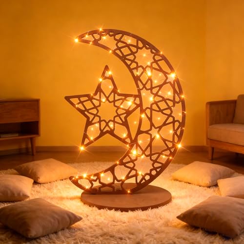 Eforcase Ramadan Decorations Large Wood Table Decor, 28" Ramadan Lights Lantern Light up Eid Mubarak Kareem Table Sign Wooden Hollow Moon Star Crescent for Muslim Islamic Party Eid Al-Adha Decor - color: Star Moon - 28 Inch, size: 28 inch