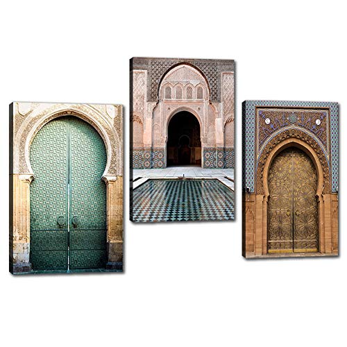 Vintage Wall Art Moroccan Arch Old Door Giclee Canvas Posters and Prints Islamic Building Wall Art Hassan-II Mosque Wall Pictures Muslim Arabic Art Work HD Print for Study Room Framed-16"Wx24"Hx3pcs - color: Artwork-16, size: 16''x24''x3pcs