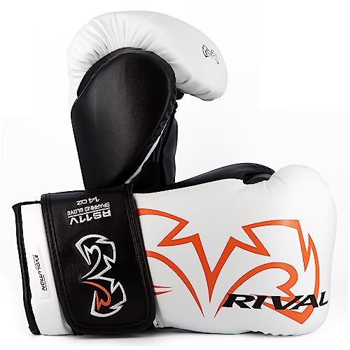 RIVAL Boxing RS11V Evolution Sparring Gloves, Extra-Thick 2” Padding, V-Strap Wrist Lock 2 System, Large Hand Compartment, and 15 Degree Angle Cuff - color: White, size: 14 oz.