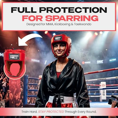 Boxing Headgear for Men & Women – MMA & Muay Thai Sparring Gear, Five Star AIBA-Approved Leather Head Guard - color: Red