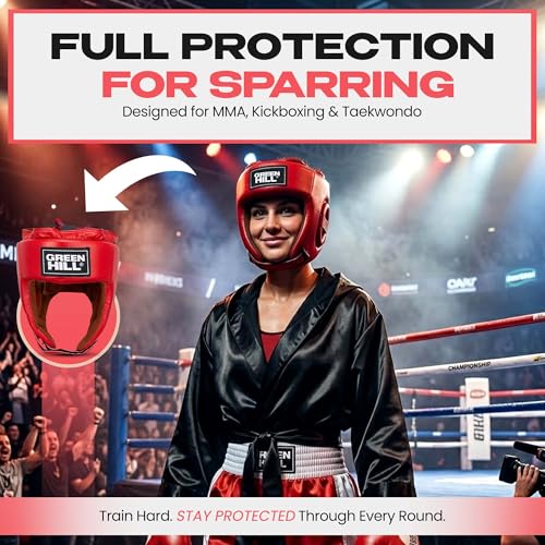 Boxing Headgear for Men & Women – MMA & Muay Thai Sparring Gear, Five Star AIBA-Approved Leather Head Guard - color: Red