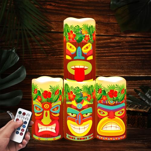 Baquler 4 Pcs Tribal Flameless Candles Hawaiian Luau LED Battery Operated Flickering Candles Eid Mubarak Lights with 18-Key Remote for Summer Holiday Bar Party Table Decorations - style: Tropical