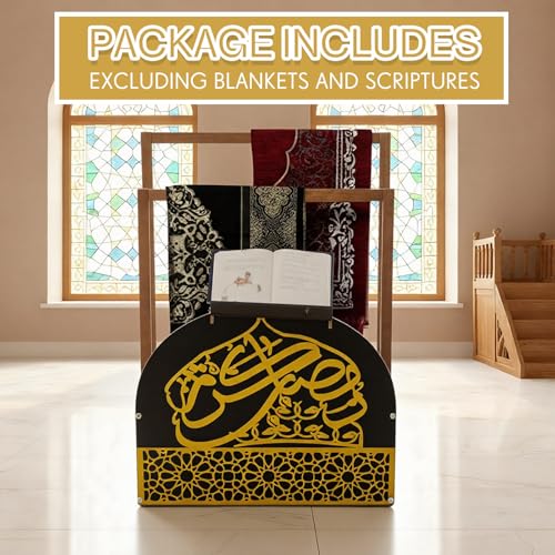 Chunful Gold Wooden Quran and Prayer Mat Stand, 35.4 x 26 x 11.8inch, Ideal Gift for Eid Ramadan and Muslim Home Decor, Islamic Prayer Rug Holder with Arabic Calligraphy for Home Mosque