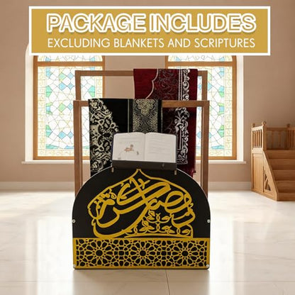 Chunful Gold Wooden Quran and Prayer Mat Stand, 35.4 x 26 x 11.8inch, Ideal Gift for Eid Ramadan and Muslim Home Decor, Islamic Prayer Rug Holder with Arabic Calligraphy for Home Mosque