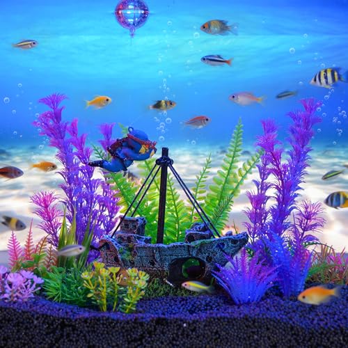Ameliade Fish Tank Decor Set with Shipwreck Decoration, Little Diver Floating & 13 Aquatic Artificial Plants - Betta Plants & Hiding Spots for Aquariums and Small Fish Tank Accessories