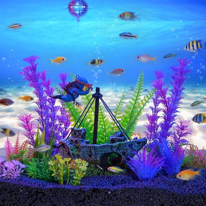 Ameliade Fish Tank Decor Set with Shipwreck Decoration, Little Diver Floating & 13 Aquatic Artificial Plants - Betta Plants & Hiding Spots for Aquariums and Small Fish Tank Accessories