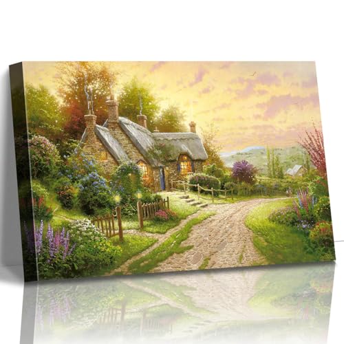 STUDIO HAVEN Thomas Kinkade Canvas Wall Art, Thatched Cottage Country Lane Colorful Flowers Sunset Glow Oil Painting Poster Rustic Wall Decor, Framed Prints for Home Decor, 16x12Inch - color: Thomas018, size: 16"L x 12"W