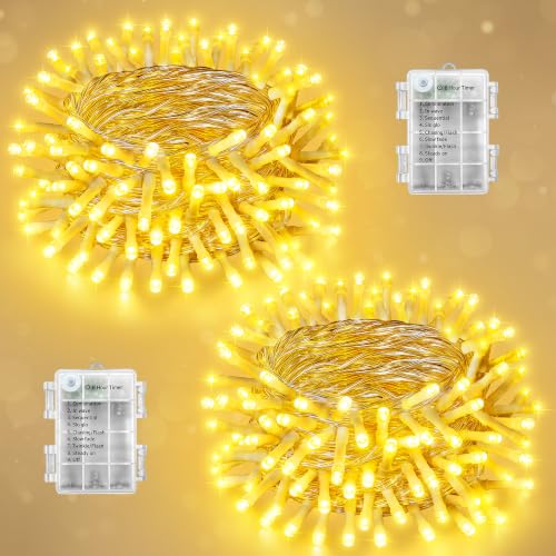 Ollny 2 Pack Battery Operated String Lights 200LED Warm White, Clear Wire - color: Warm White-(Clear Wire), size: 200 LED