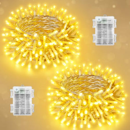 Ollny 2 Pack Battery Operated String Lights 200LED Warm White, Clear Wire - color: Warm White-(Clear Wire), size: 200 LED