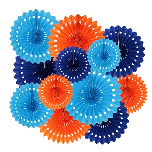 ZOOYOO Hanging Paper Fans Party Decorations,12 Pcs Blue Orange Honeycomb Round Fans,Ceiling Decor for Birthday,Wedding,Graduations,Tea Party Backdrop - color: Blue and Orange