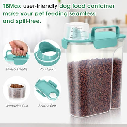 Pet Dog Cat Food Storage Container 5 to 7 lbs with Can Cover and Mixing Spoon, Airtight Travel Pet Food Storage Dispenser with Easy-pouring Spout & Cup, Kibble Dog Treat Bird Seed Container -Cyan - color: Cyan 6Qt