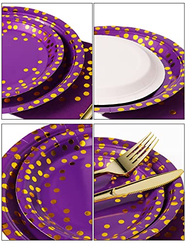 Nkaiso 141Pcs Purple Gold Paper Plates and Napkins Party Supplies for20 - color: Purple Gold