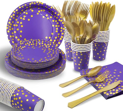AIRE 175PCS Purple Gold Paper Plates Set, Disposable Dinnerware for 25 - color: 175PCS Purple and Gold