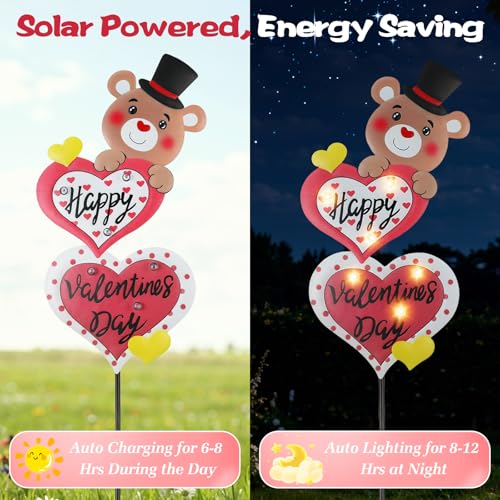 Lewondr 2 Pcs Valentine's Day Decorations Outdoor, Metal Solar Pathway Lights, Love Bear Decorative Garden Stakes Lights with 12 LED Beads, Waterproof Yard Signs for Porch Lawn Wedding Anniversary - style: Heart and Bear
