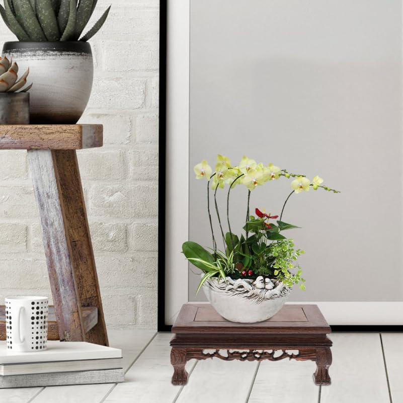 Healifty Rectangle Wooden Display Stand Riser, Rosewood Pedestal Base for Vase Plant Buddha Statue - Carved Chinese Table Decor for Fish Tank Aquarium