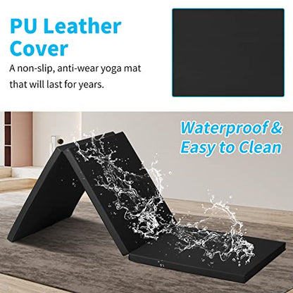 BLKMTY Gymnastics Mat, 2"x6' Folding Exercise Yoga Mat for Kids Tumbling | PU Leather Workout Mat, with Carrying Handles, For Home Gym Aerobic Fitness - color: Black