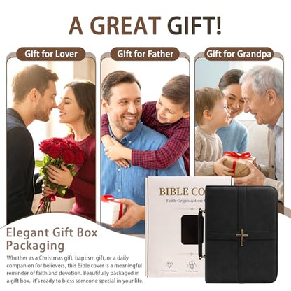 Classic Leather Bible Cover Case with Cross Design and Handle for Men Women, Durable Bible Study Supplies Organizer Carrying Bag, Perfect Christmas Gifts for Christians with Gift Box（Black