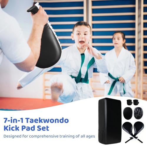 7 in1 Taekwondo Kick Pad Set, Boxing Training Equipment, Martial Art Kicking Pad, PU Leather Boxing Focus Pad, Target Punching Pads and Hand Wraps for Karate, Sparring, MMA, Muay Thai - color: Black