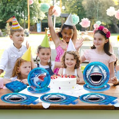 24 Guests Shark Theme Party Decorations Under the Sea Party Tableware Set Shark Baby Shower Plates Napkins and Forks Ocean Birthday Table Decorations Supplies 96Pcs - style: Shark