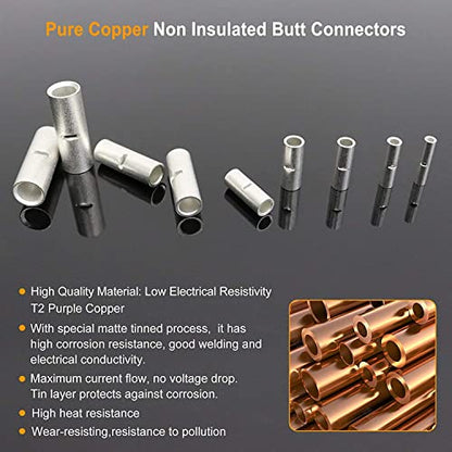 380pcs Non/Un Insulated Butt Connectors Wire Butt Splice 26-6 Gauge | SVAAR Heavy Duty Tinned Copper High Conductivity Marine Grade Seamless Barrel Crimp Splice Terminals Automotive,Marine,DIY - color: Non-Insulated Splice - Tinned Copper